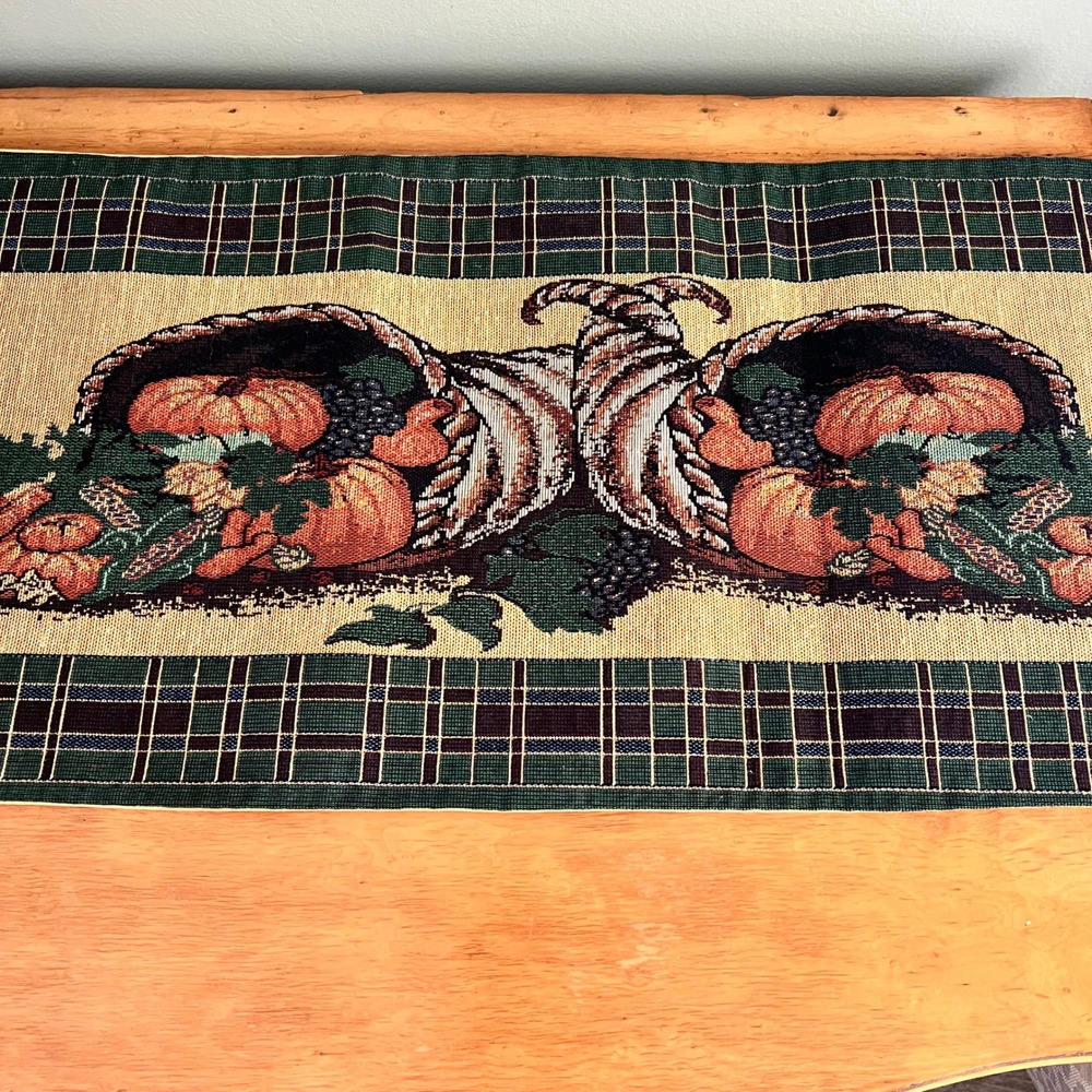 Harvest Cornucopia Woven Tapestry Table Runner Plaid Tassel Fringe 71x13 - Picture 3 of 6